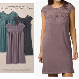 Prana day dream shift tshirt dress sz‎ M dusty purple crochet pleated cap sleeve